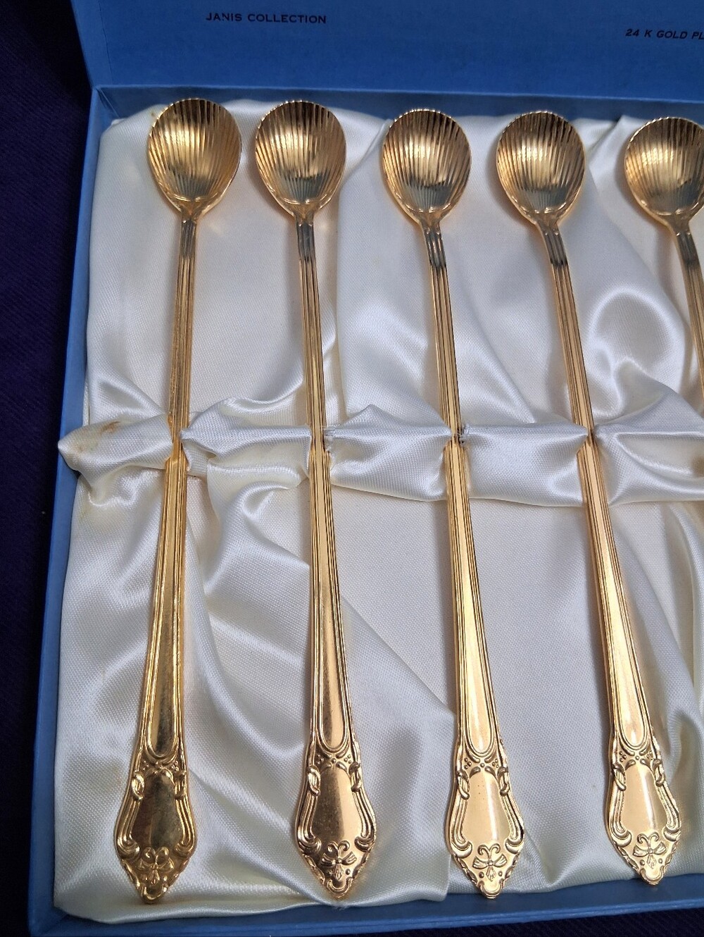 Vintage Janis 24K Gold Plated Long Spoons Iced Tea Cocktail Dessert Shell Shaped - Picture 5 of 15